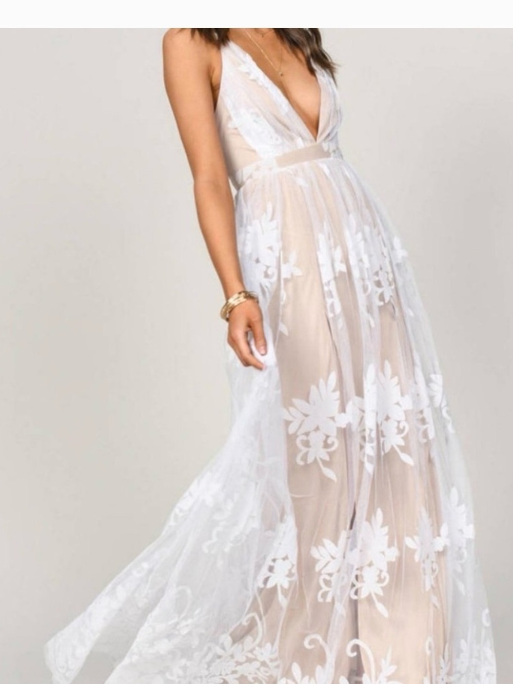 Luxxel M Promenade evening white-tan lace overlay spaghetti strap maxi dress